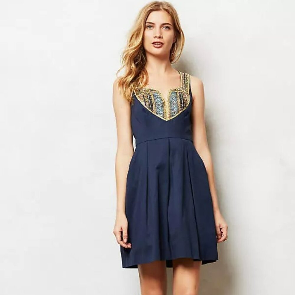 Moulinette Soeurs Navy Blue Embellished Gold Beaded Dress Size 6 Anthropologie